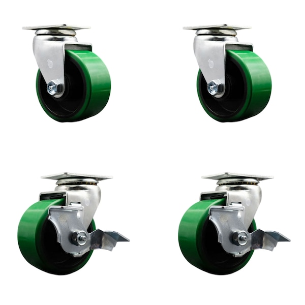 4 Inch Green Poly on Cast Iron Swivel Caster Set with Ball Bearings 2 Brakes